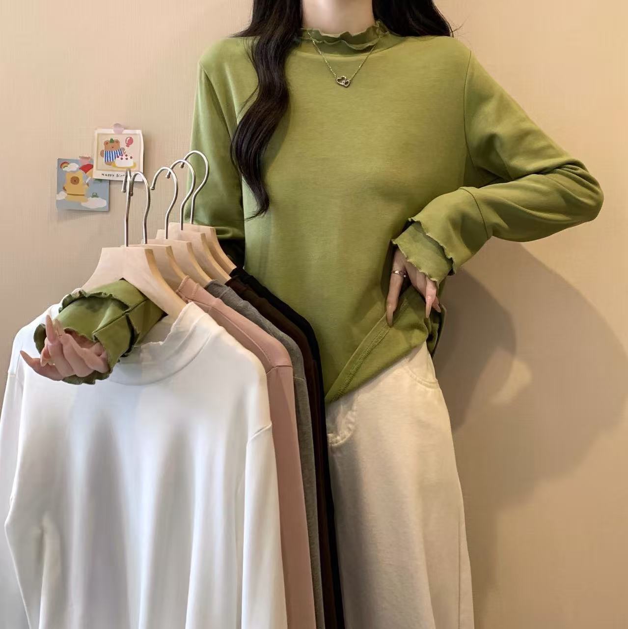 半高领长袖打底衫女2025秋季新款大码胖mm镂空内搭宽松显瘦上衣