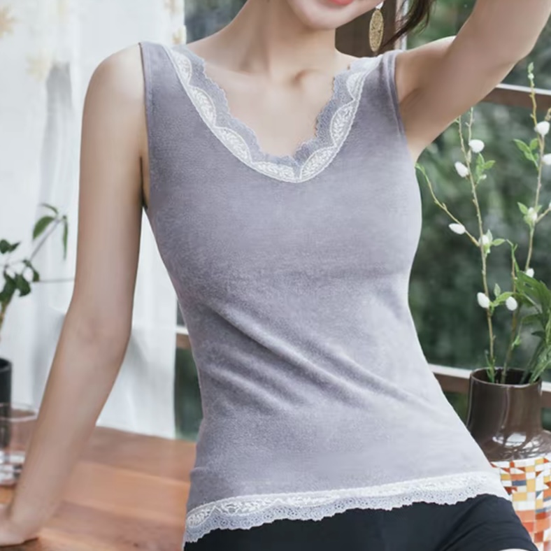 玲姐定制-V领蕾丝保暖小背心女无胸罩春秋无缝毛圈绒520308