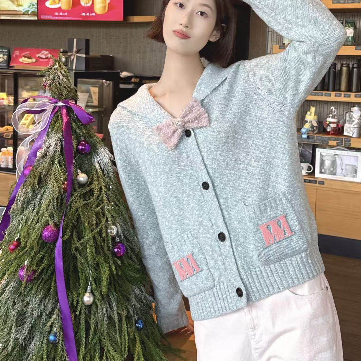 海军领宽松针织开衫简约时尚百搭单品