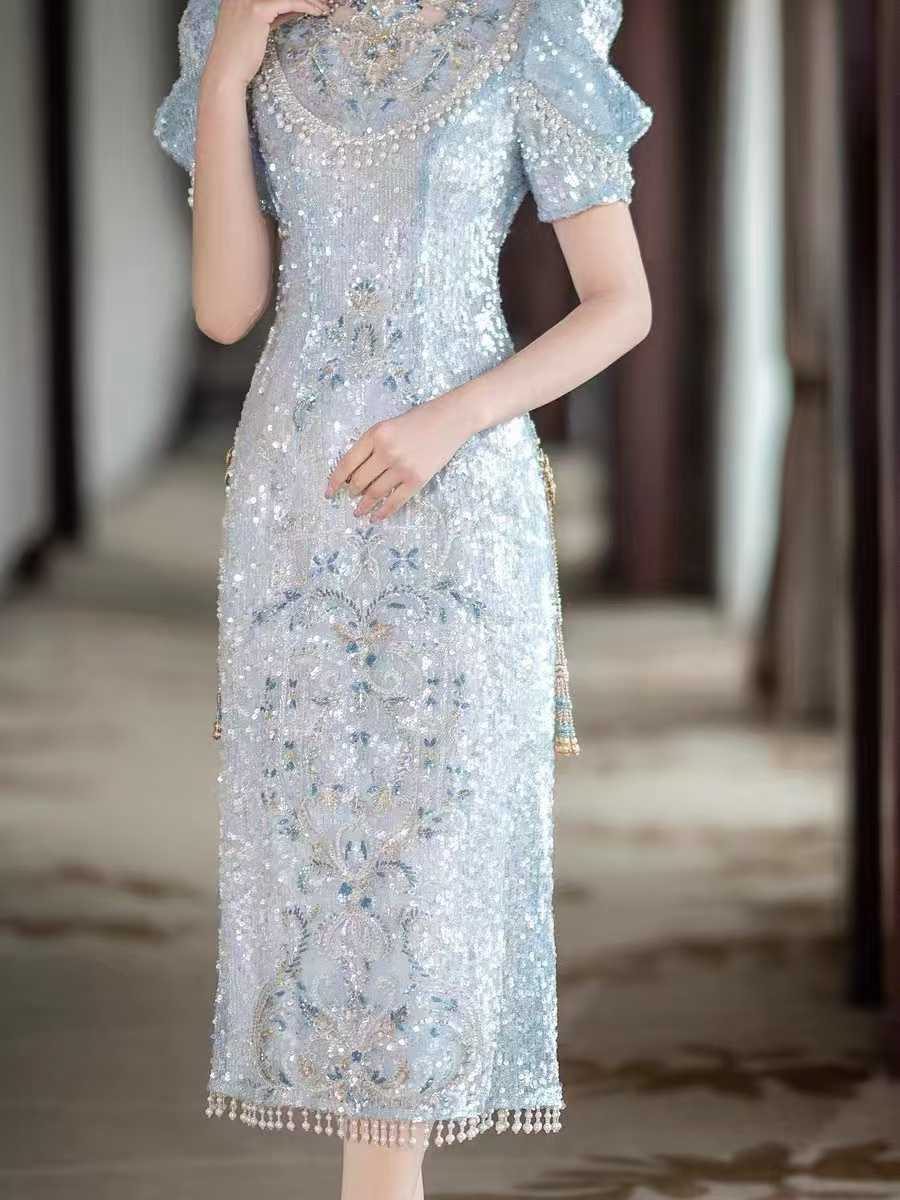 旗袍中式礼服修身款短袖泡泡袖