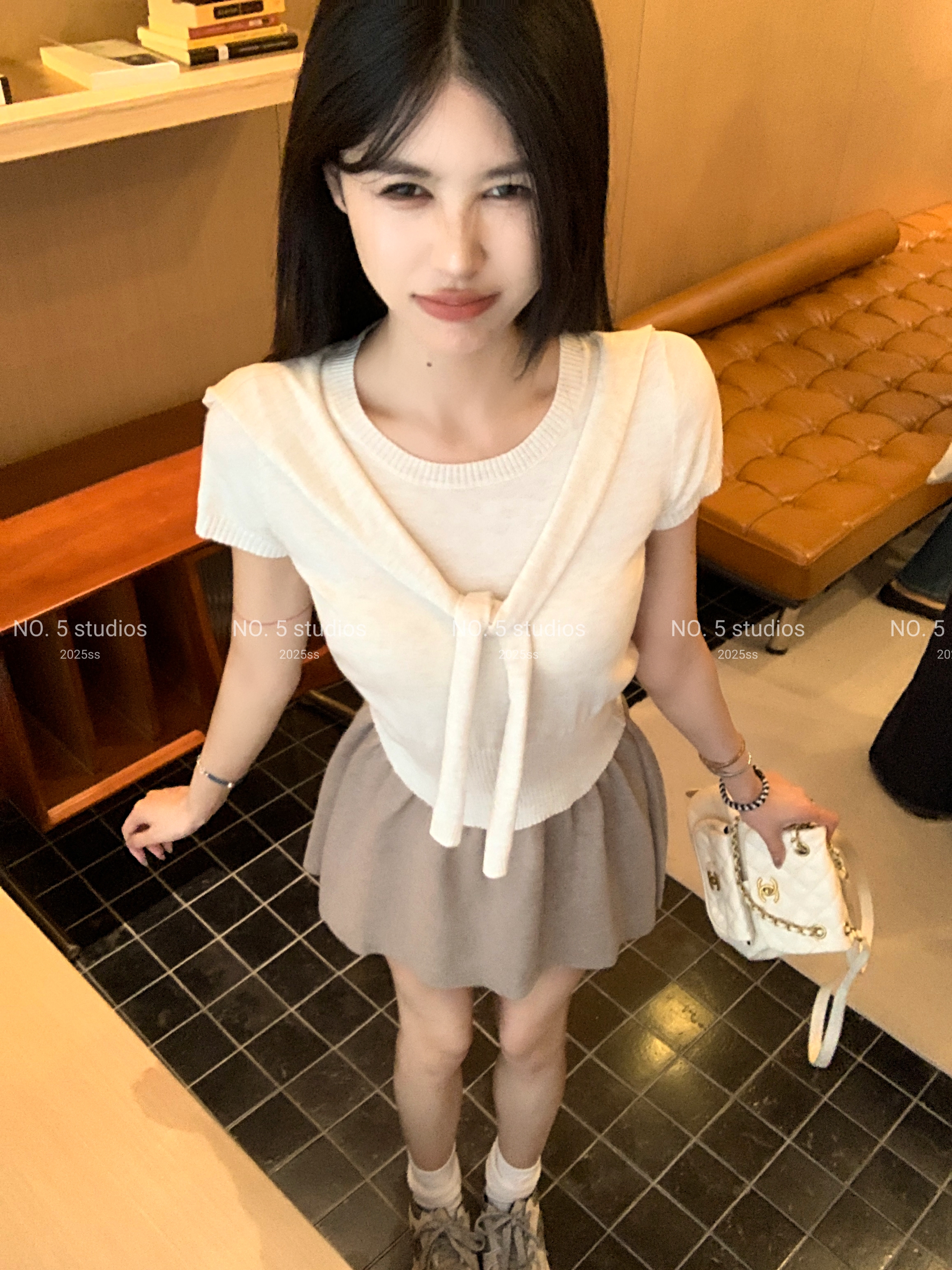 韩系学姐假两件披肩套装秋装两件套女装短袖针织上衣半身裙 6898