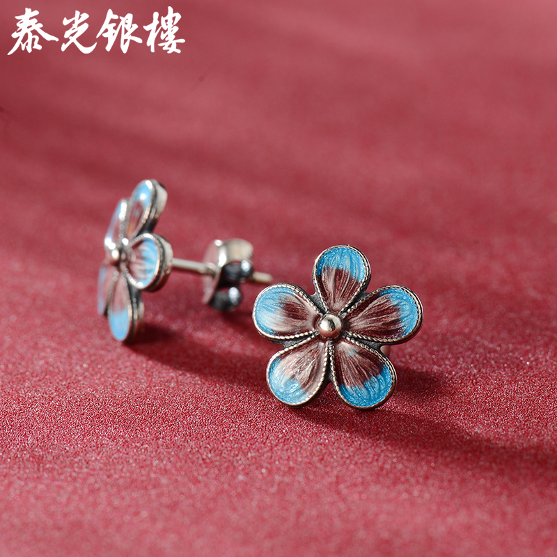 泰光银楼 925银珐琅耳饰 925纯银珐琅彩梅花耳环国风银饰