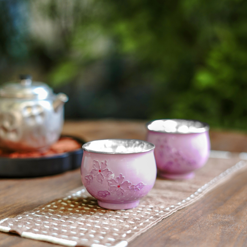 纯银999纯手工银茶杯堆雕樱花瓷包银杯家用茶杯主人杯品茗杯 樱霏