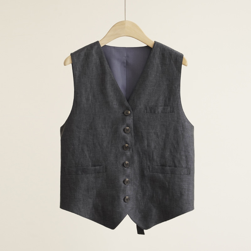 天青灰100%亚麻复古西装马甲背心女士马甲（250631）