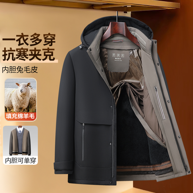 【兔毛可拆卸派克】中年男士冬季棉衣加厚外套中老年爸爸装保暖棉服