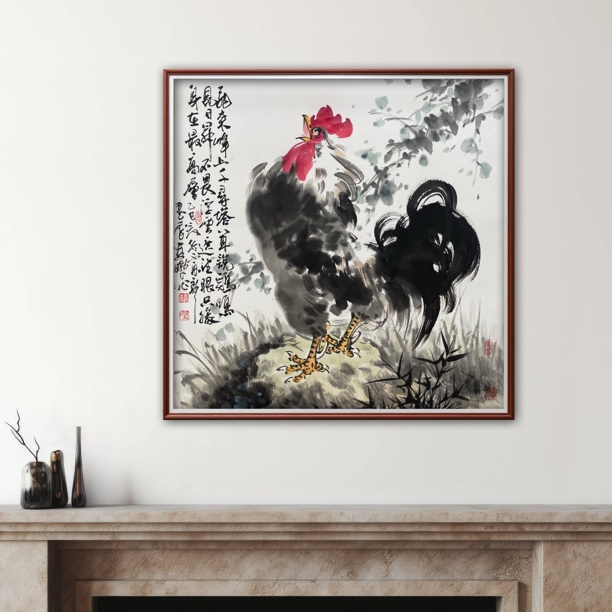 娄鹏《雄鸡图》中式新中式客厅装饰画 玄关画