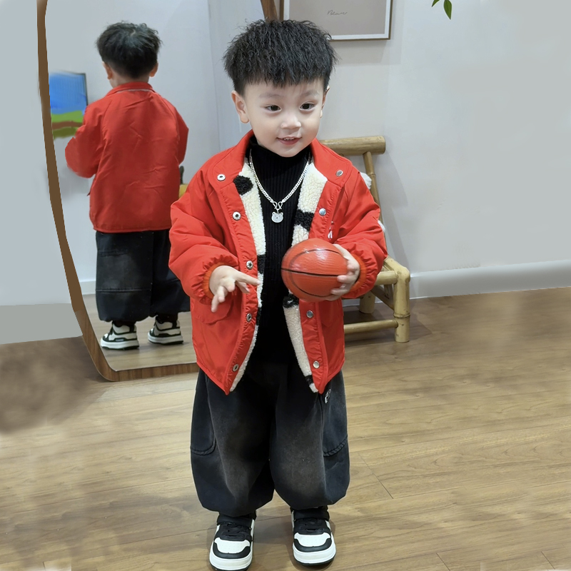 潮流帅气童装男女同款加绒棉服冬季潮酷外套儿童红色两面穿过年服