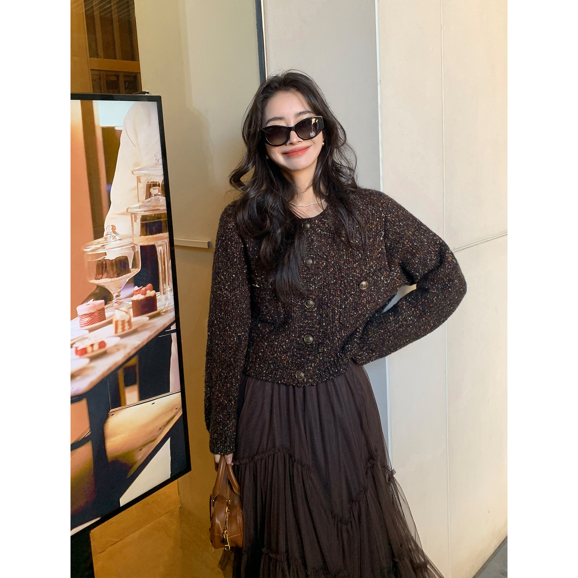 pusumede花纱毛衣开衫女秋冬新款设计感小众针织外套宽松气质上衣