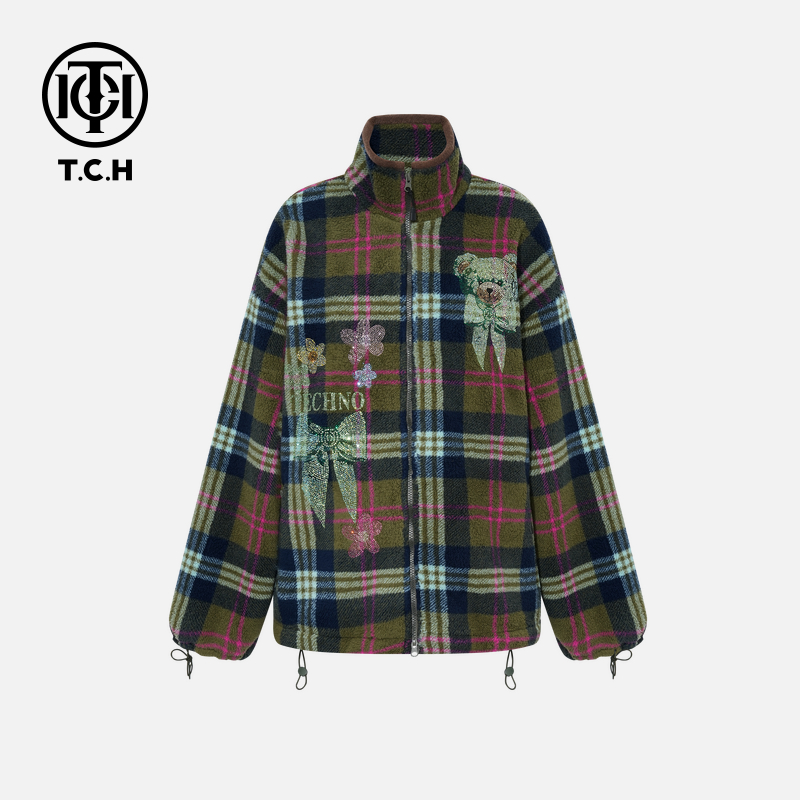 TCH下架秋冬慵懒风烫钻时尚淑女军绿色外套T75D27E1021轻奢tch