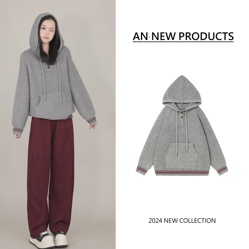 【随心玩家】B11123冬季新款时尚设计感三粒扣休闲套头连帽针织毛衣