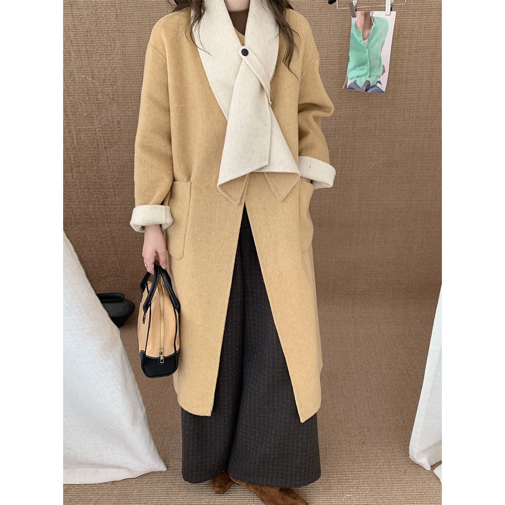 2025新款富家千金感围巾双面羊毛大衣女韩系中长款羊毛呢外套秋冬