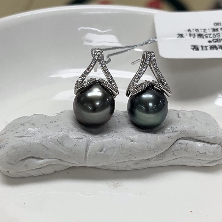 耳饰海水珍珠银S925镶嵌大溪地 9-10mm 102号