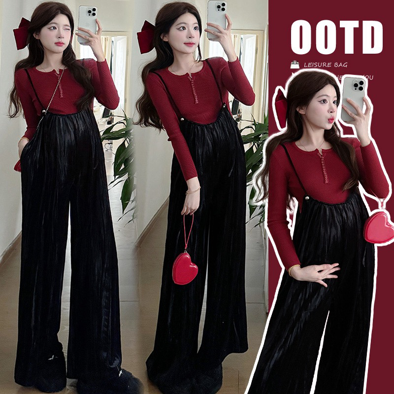 【可乐】春秋季新品 针织上衣+韩版丝绒背带裤 孕妇套装