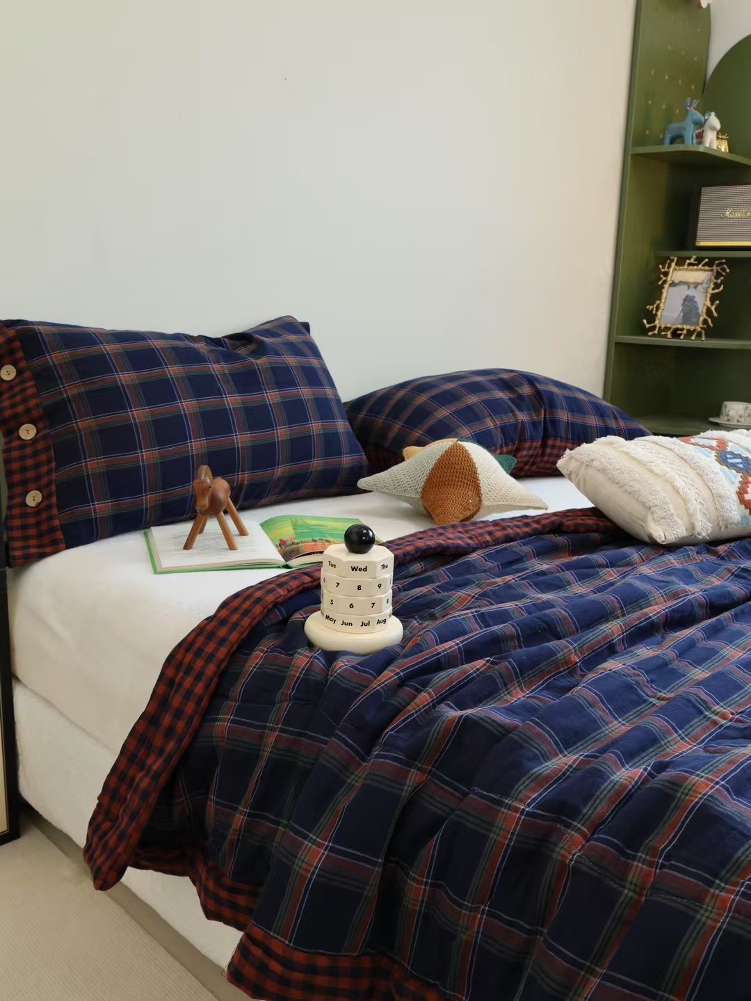 【奢雅格调】全棉中古风双面色织双层纱简约高级柔软格子复古套件