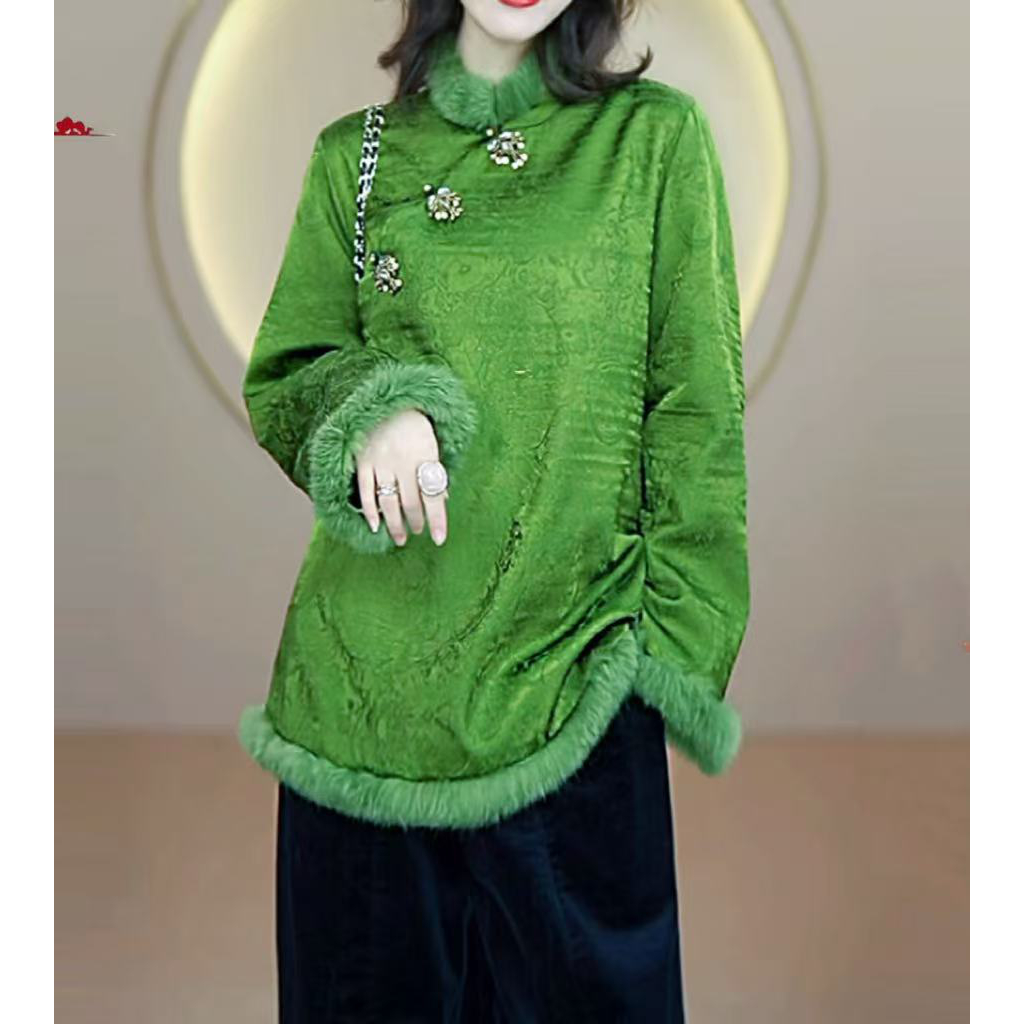 【780】2025秋冬新款新中式国风复古斜襟毛边气质百搭宽松显瘦上衣