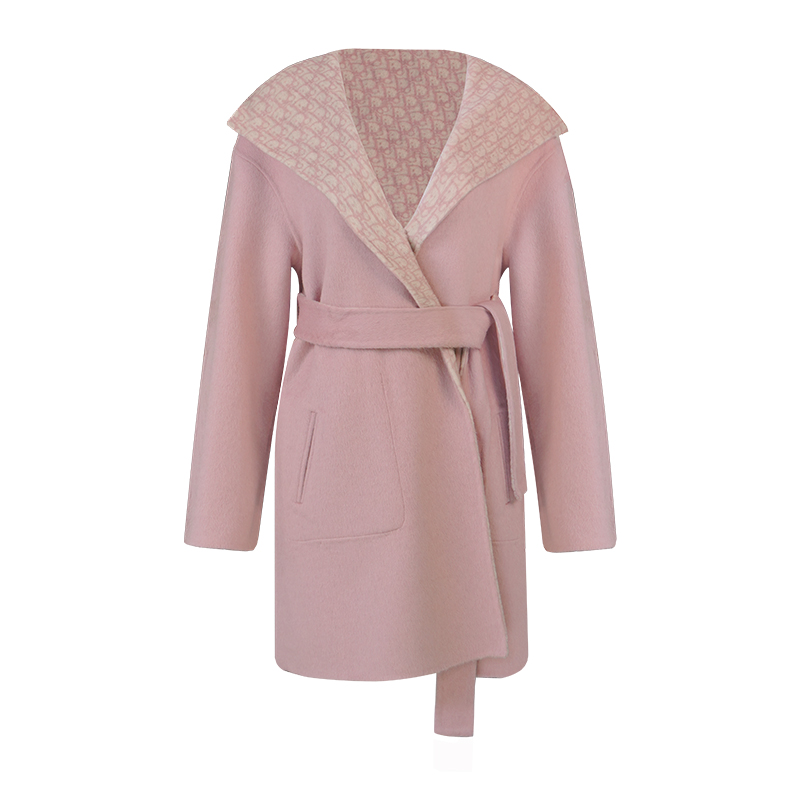 迪奥名莎秋冬中长款羊毛双面呢大衣系带连帽外套