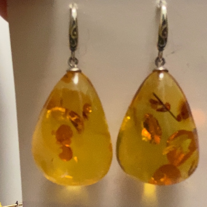 琥珀（花珀）耳饰银S925镶嵌琥珀