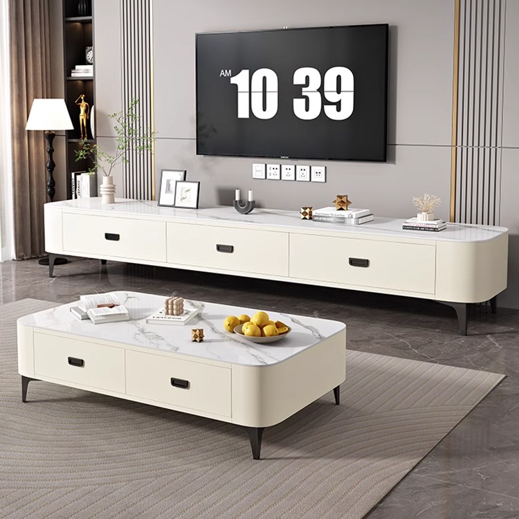 极简轻奢岩板茶几电视柜组合2025新款家用客厅小户型奶油风