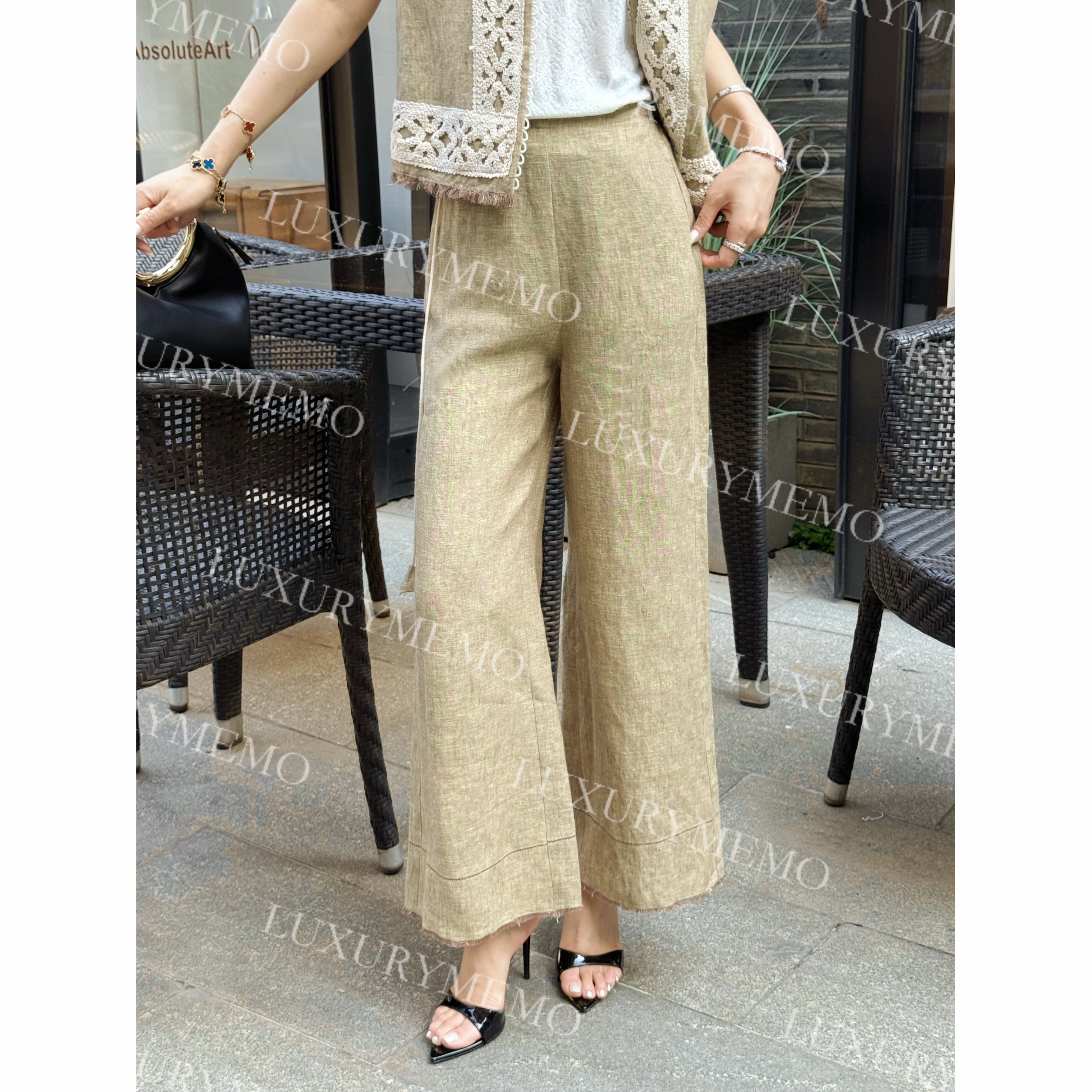【安妮茶会】法国质感美学高端亚麻浪漫随性复古老钱风长裤