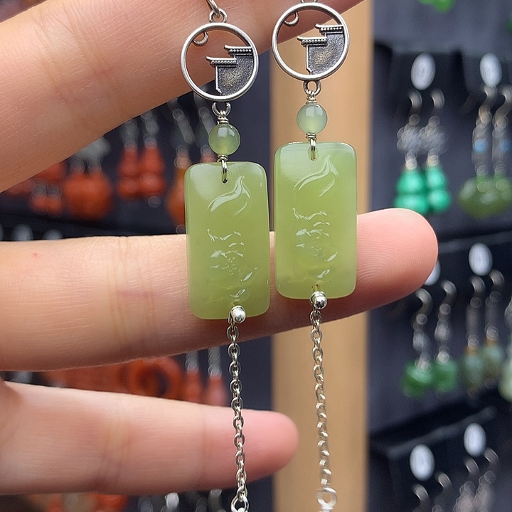 和田玉耳饰银S925镶嵌