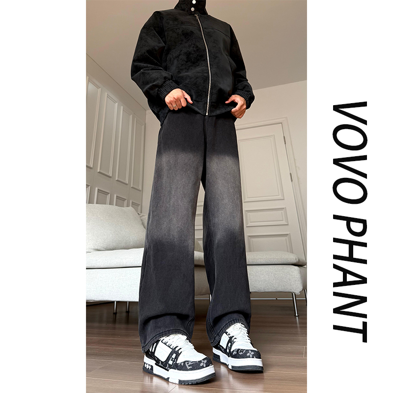 VOVO秋冬加绒美式复古牛仔裤复古水洗渐变高街vibe痞帅大码休闲裤