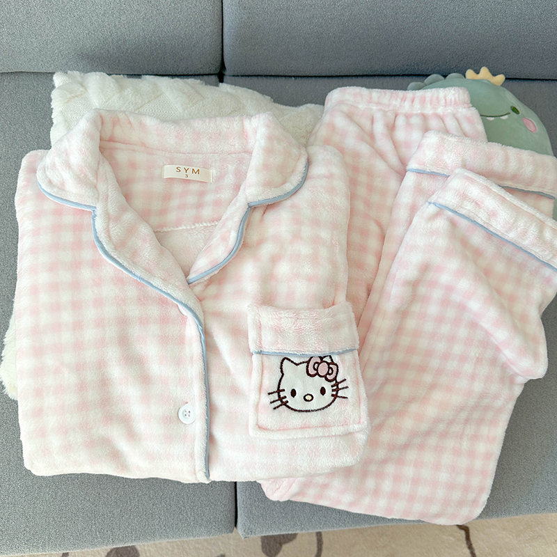 甜美HelloKitty粉色少女珊瑚绒睡衣女秋冬款格子加厚法兰绒家居服