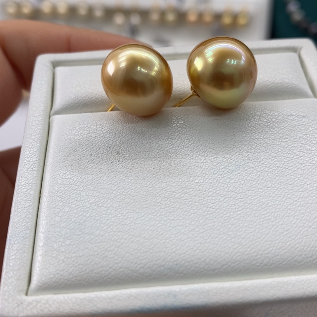 海水珍珠耳饰18K金镶嵌14-15mm
