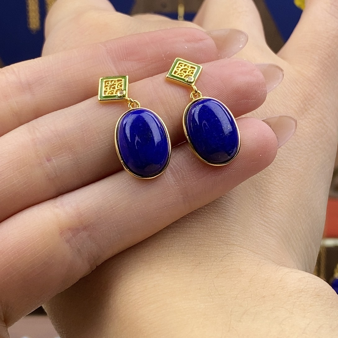 青金石银S925镀金镶嵌耳饰