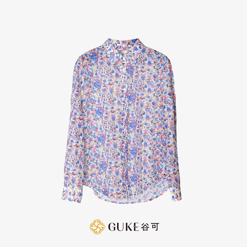 GKE/谷可C1059纯棉印花女衬衫2025夏季小众长袖法式上衣蓝色衫衣