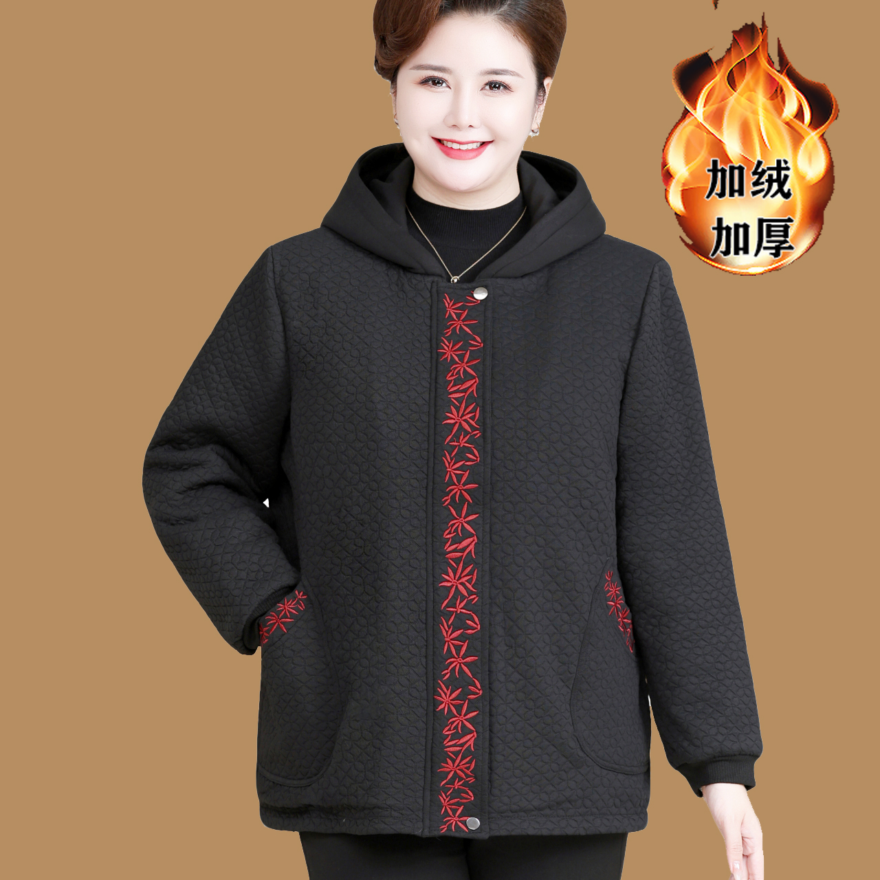 110-230斤特大码妈妈装冬季加绒保暖连帽休闲棉袄中老年女装棉衣