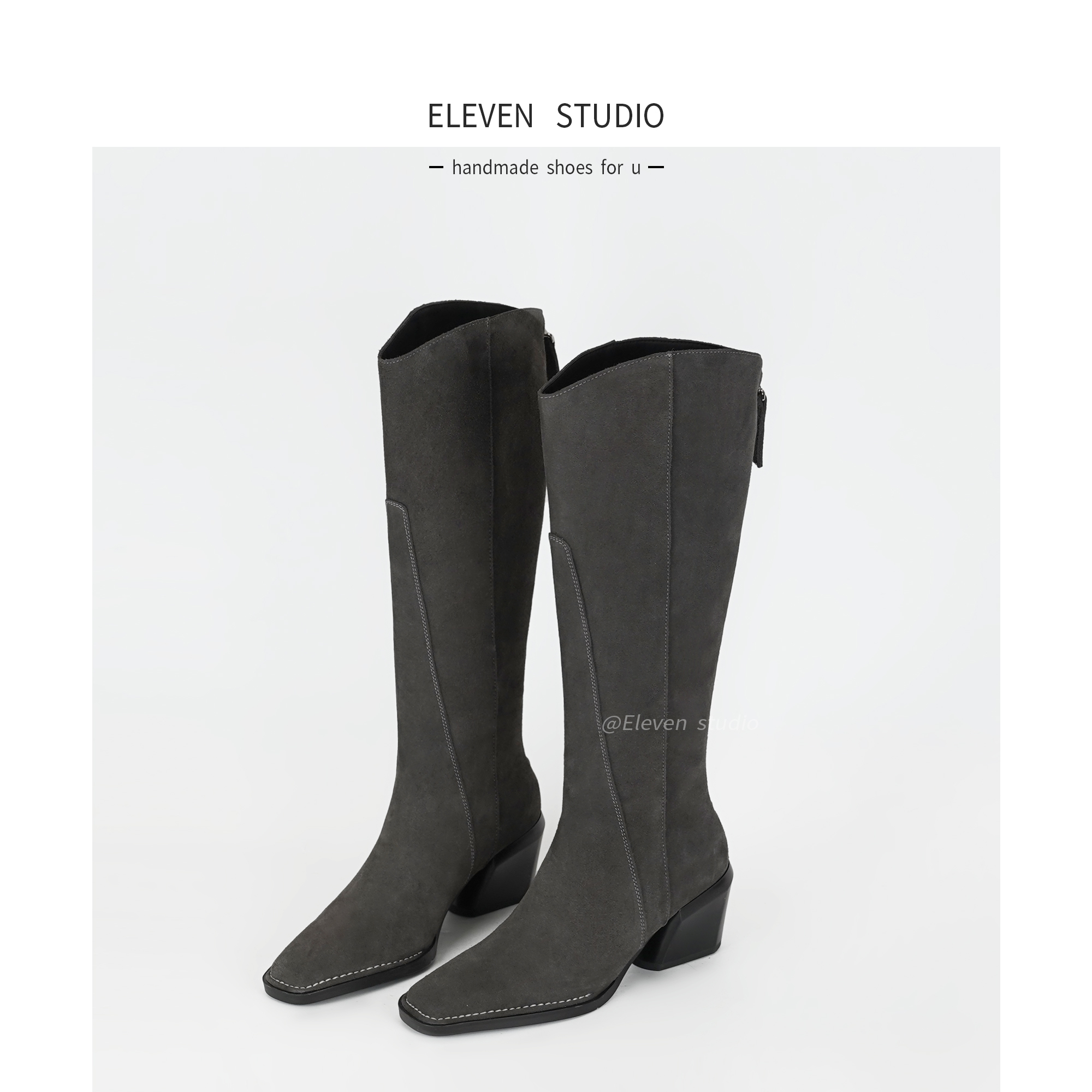 【Eleven‘shoes】6CM 冬季新款压线复古简约直筒显瘦女靴/筹备