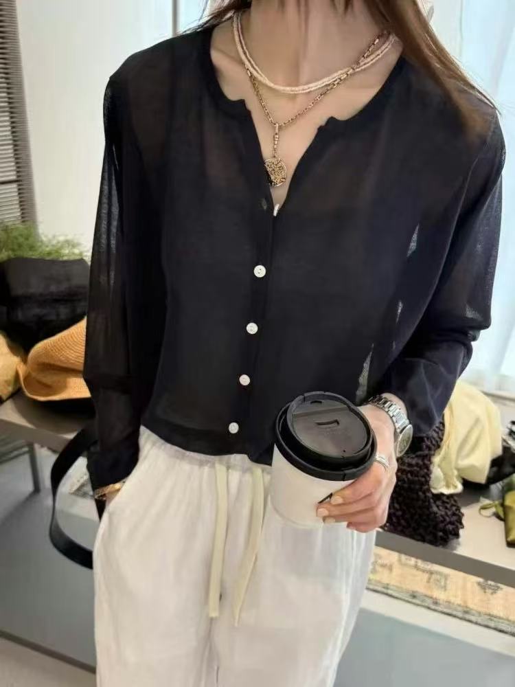 【韩式V领长袖】夏季薄款防晒衫小开衫外套洋气微透女小衫