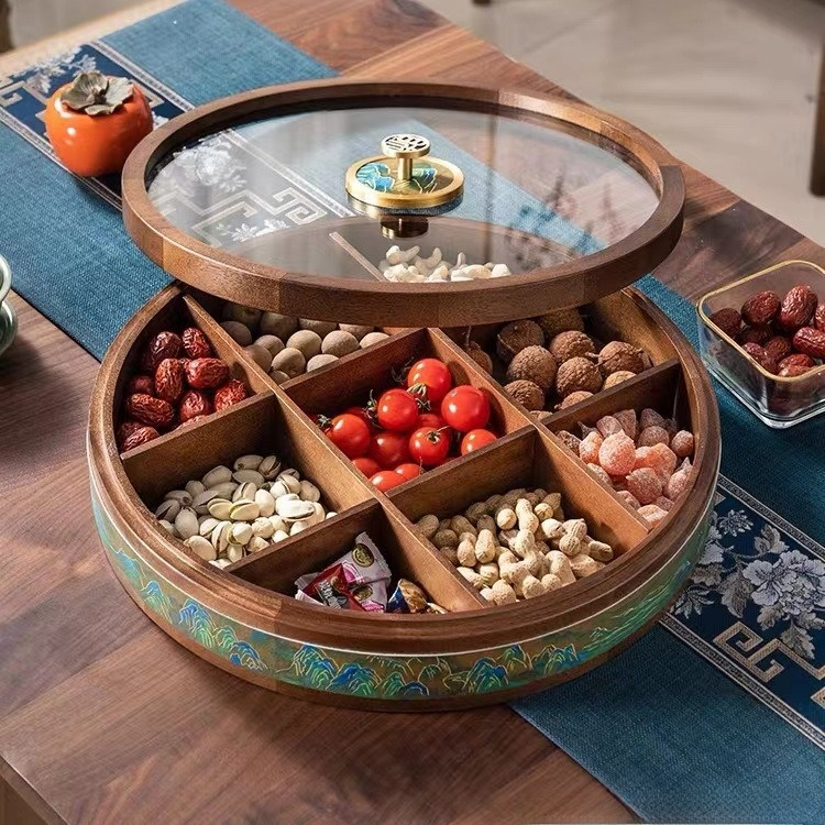 家用酒店干果收纳盒高档新年零食坚果盒旋转糖果盒水果盘千里江山