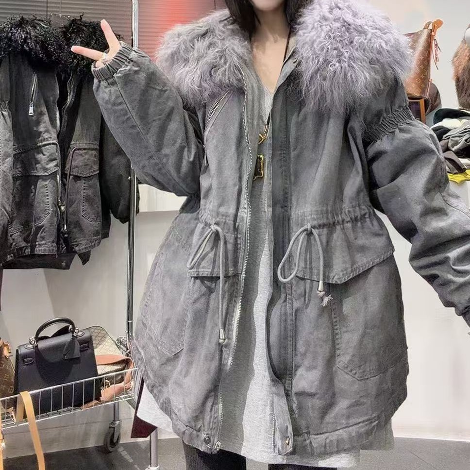 牛仔滩羊毛领厚款拼接冬季加绒休闲派克服加厚宽松型秋冬中年长袖