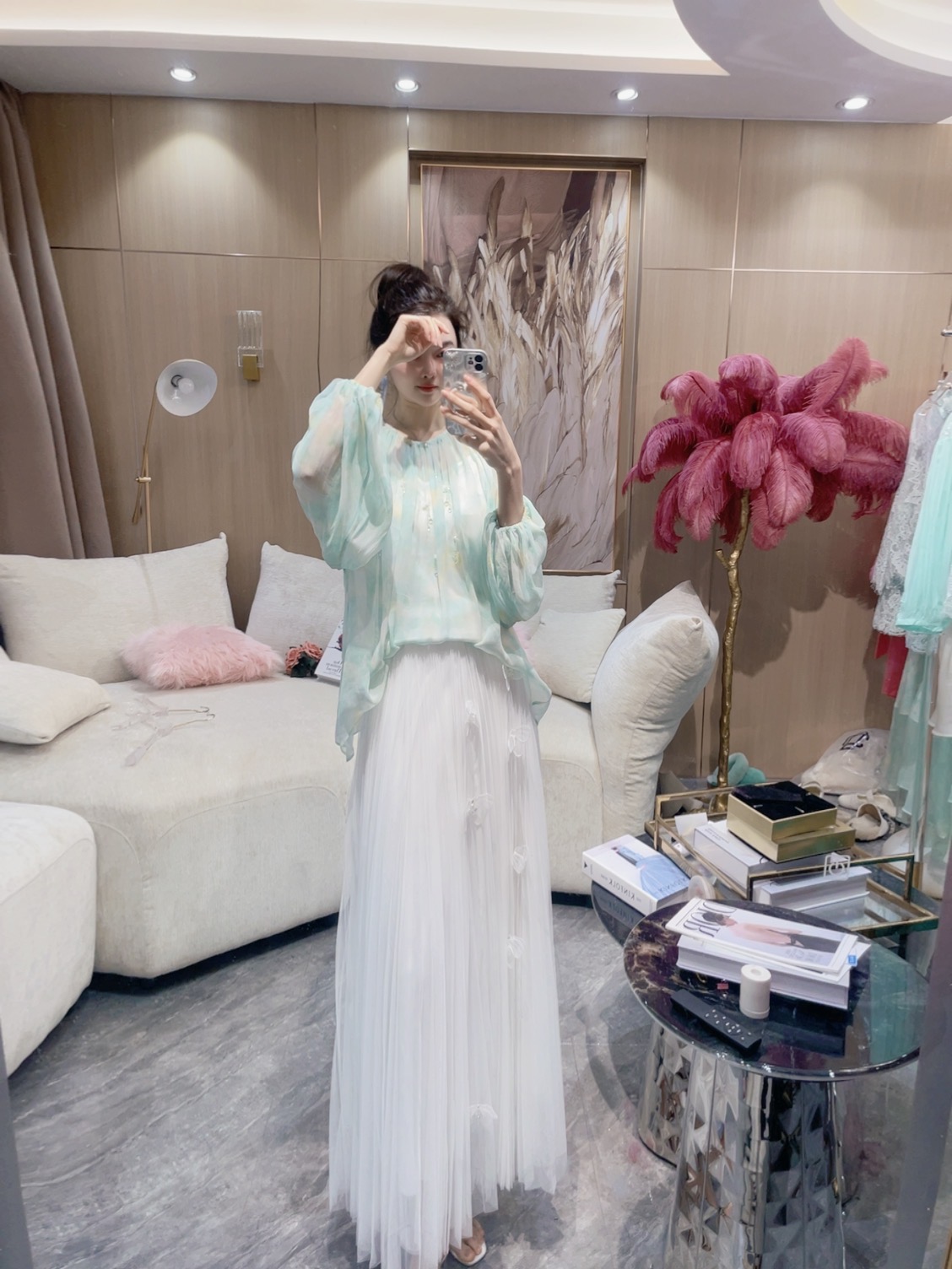 DC【闭月羞花】白色高腰百搭不规则中长款网纱裙大摆A字