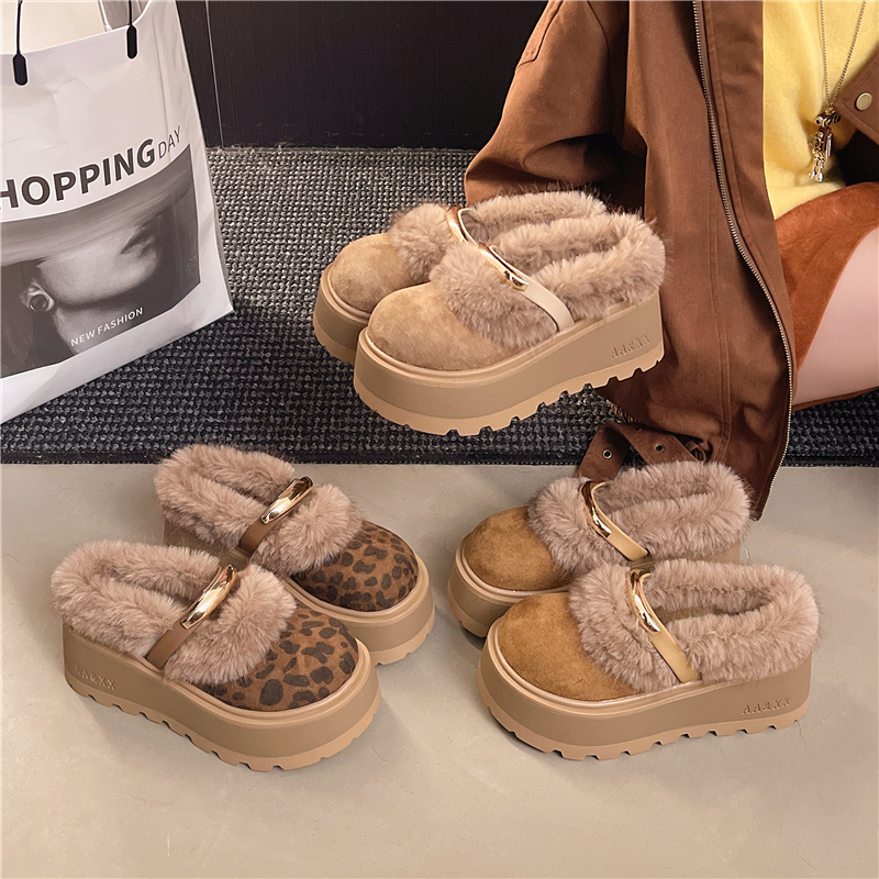 包头款防水台平底时尚厚底修面皮仙女风包头拖加绒保暖圆头毛毛鞋