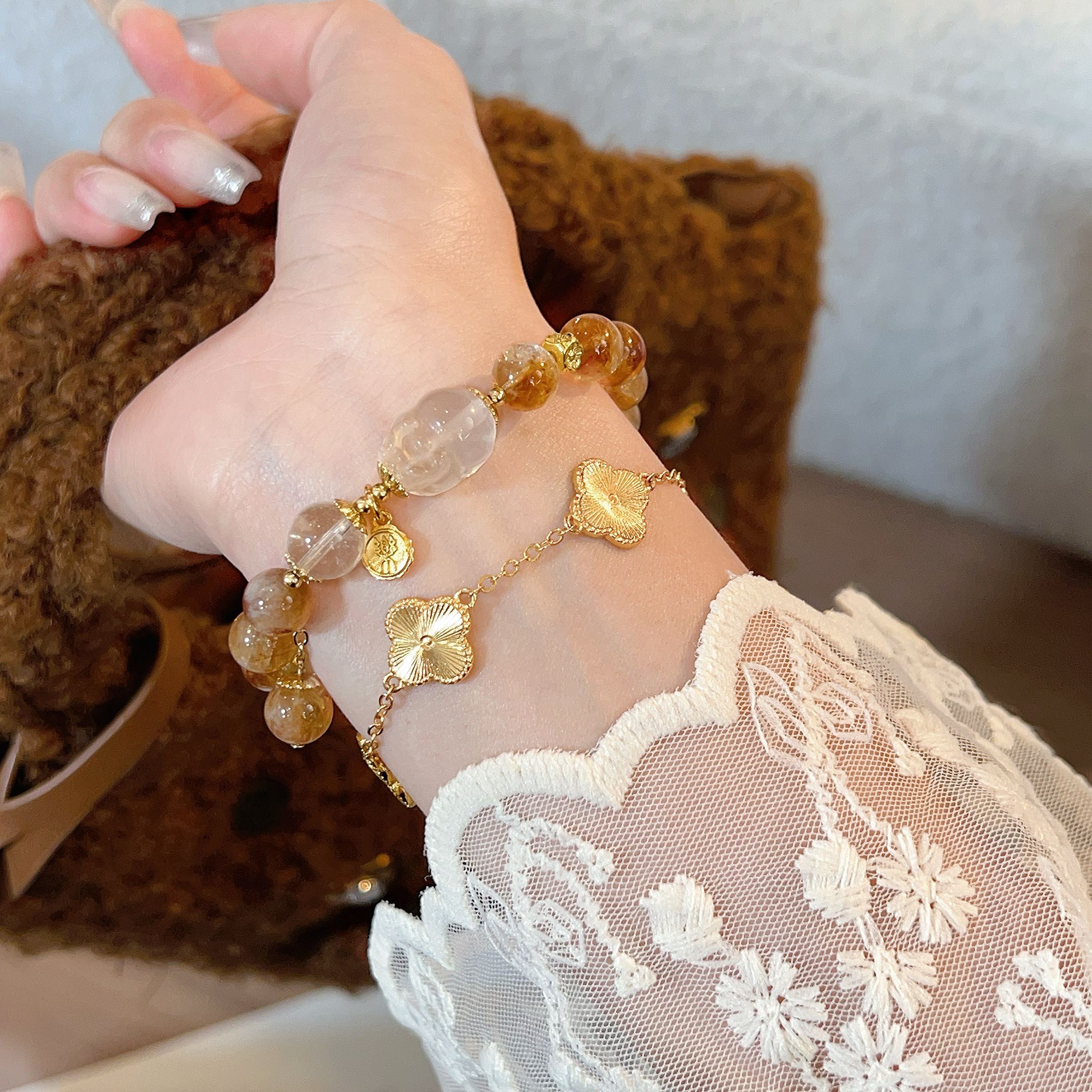 【zhao财纳福】8mm黄塔金+白水晶+貔貅天然黄水晶手串手链Z120