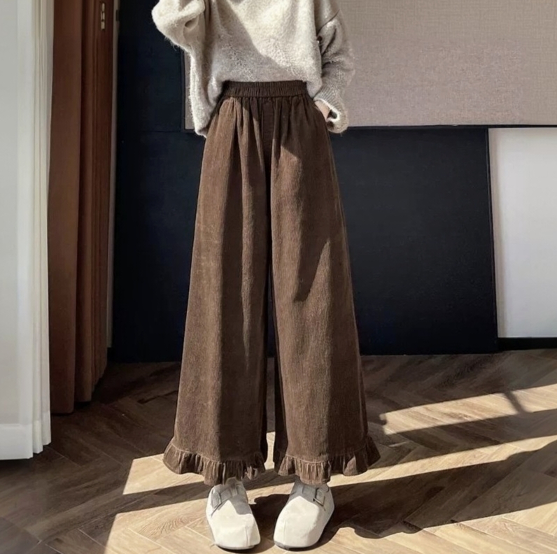 美拉德咖色灯芯绒条绒裤子女秋冬2026新款松紧腰棕色木耳边阔腿裤