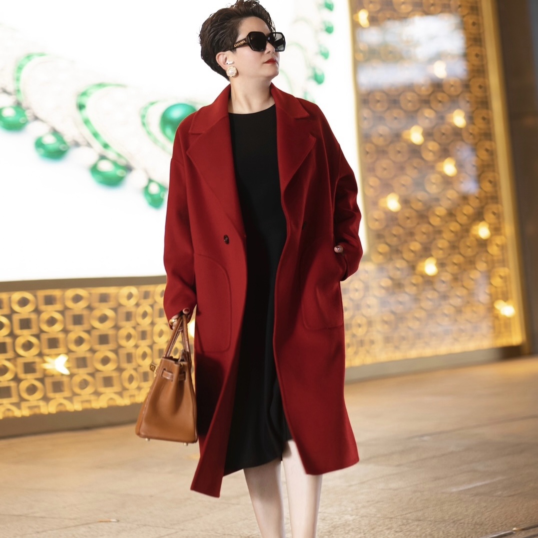 2025秋冬单扣翻领外套贵气大牌同款绵羊毛绒呢大衣WT018