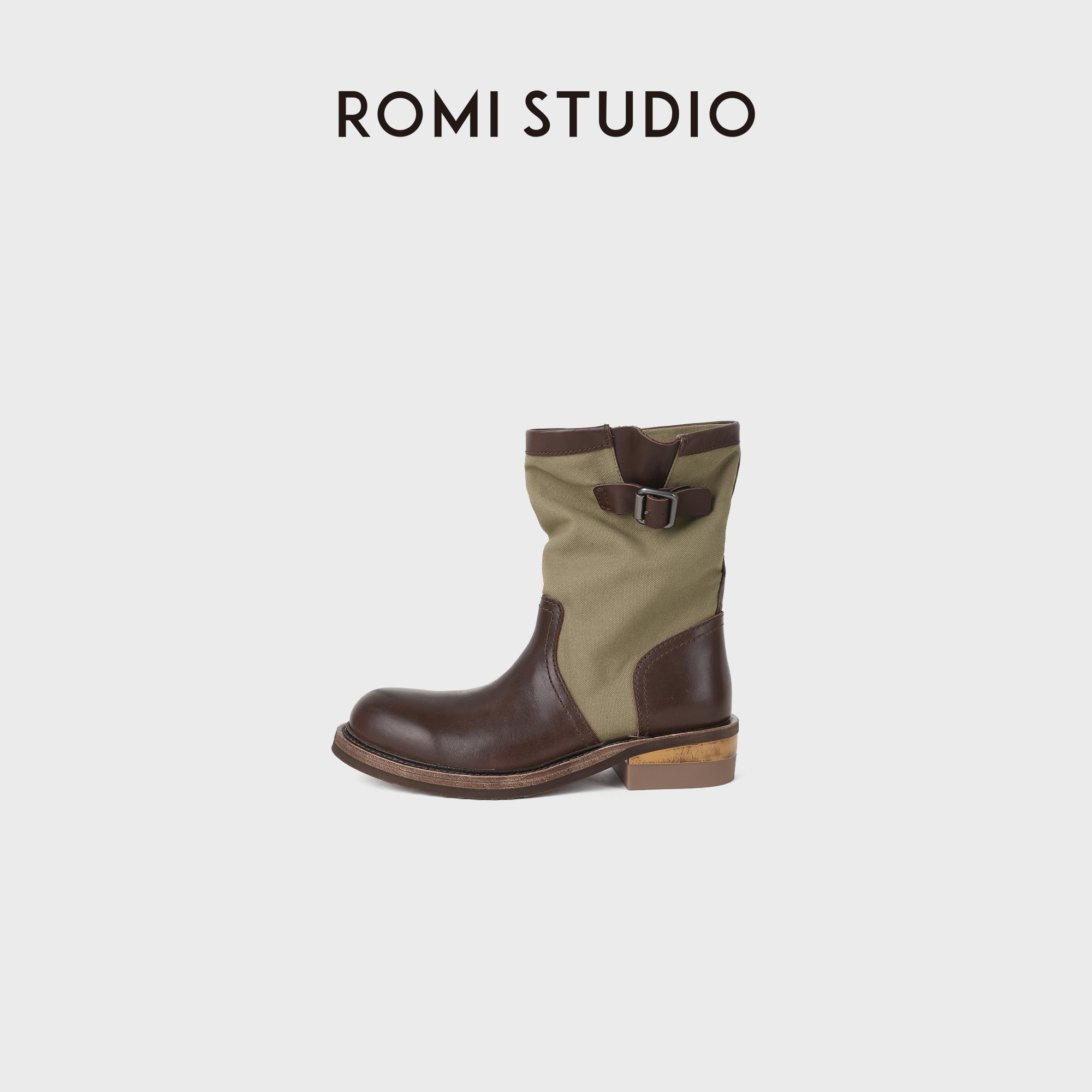 ROMI STUDIO半植鞣头层牛皮复古轻奢百搭棕色短靴子 RWDAP33859