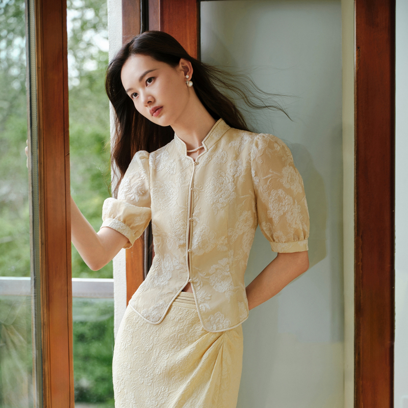 EP雅莹2025夏装新款女装 新中式立领桑蚕丝提花收腰短袖外套1288A