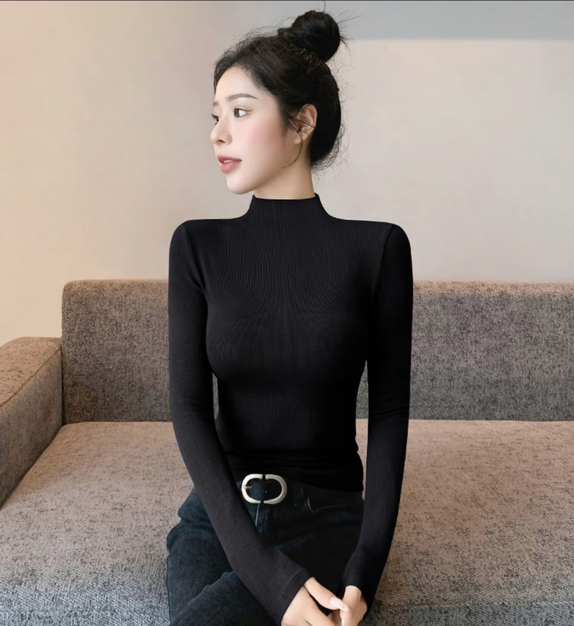 羊毛桑蚕丝黑色半高领打底衫女内搭秋冬新款洋气螺纹长袖t上衣