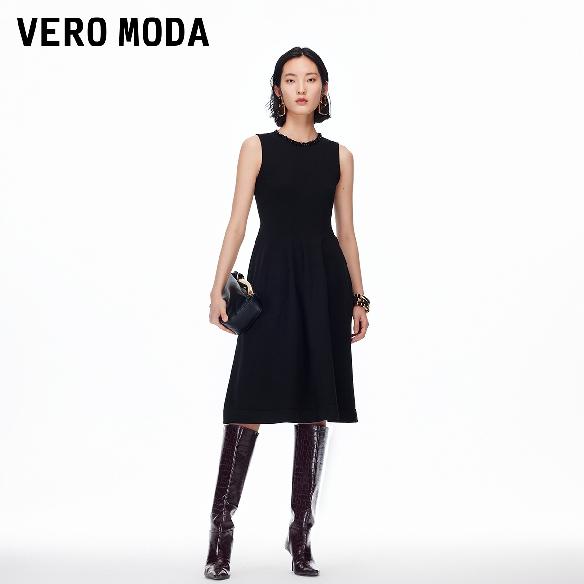 Vero Moda连衣裙2025秋钉珠纯色无袖收腰中长裙老钱风松弛感女装