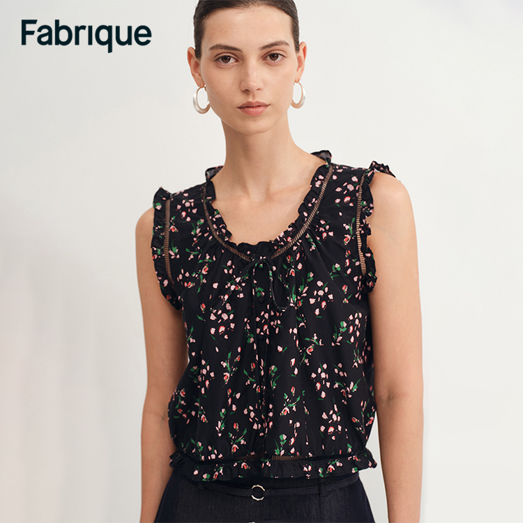 Fabrique Floris 春夏新款子夜黑桑蚕丝棉碎花无袖时尚背心上衣
