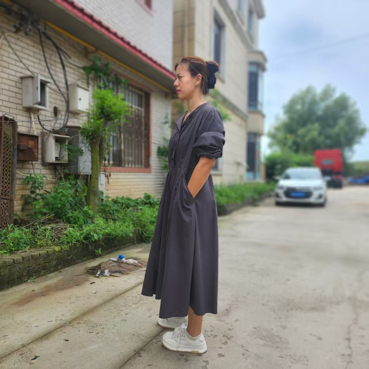 九分袖休闲风连体灰色宽松纯色女装简约中长款长裙