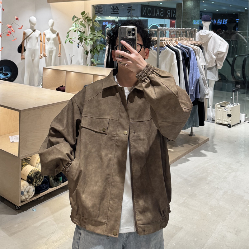 秋季新款pu皮衣夹克百搭潮流时尚复古港风翻领外套 J2516