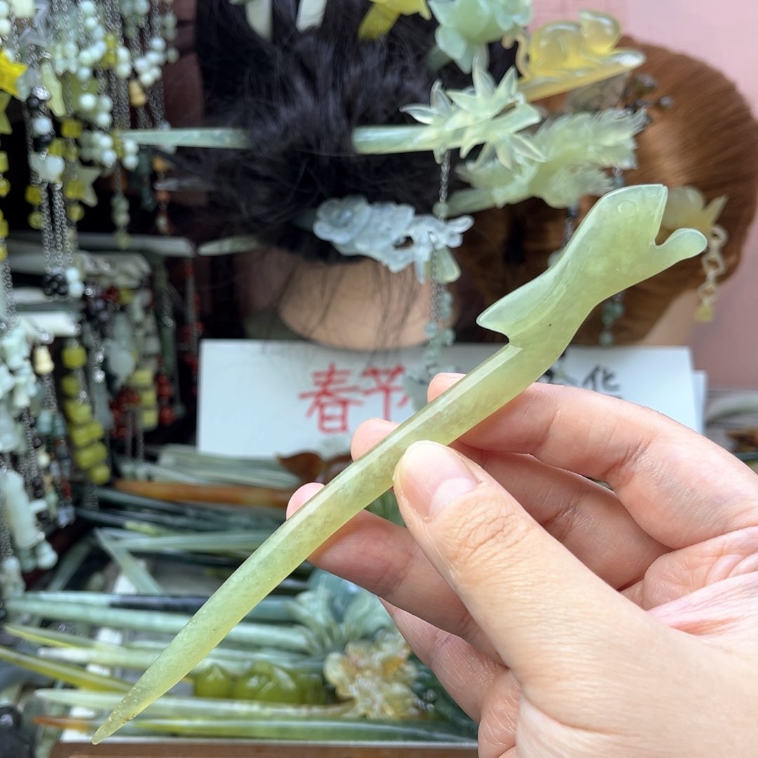 蛇纹石玉发饰未镶嵌长度17厘米左右