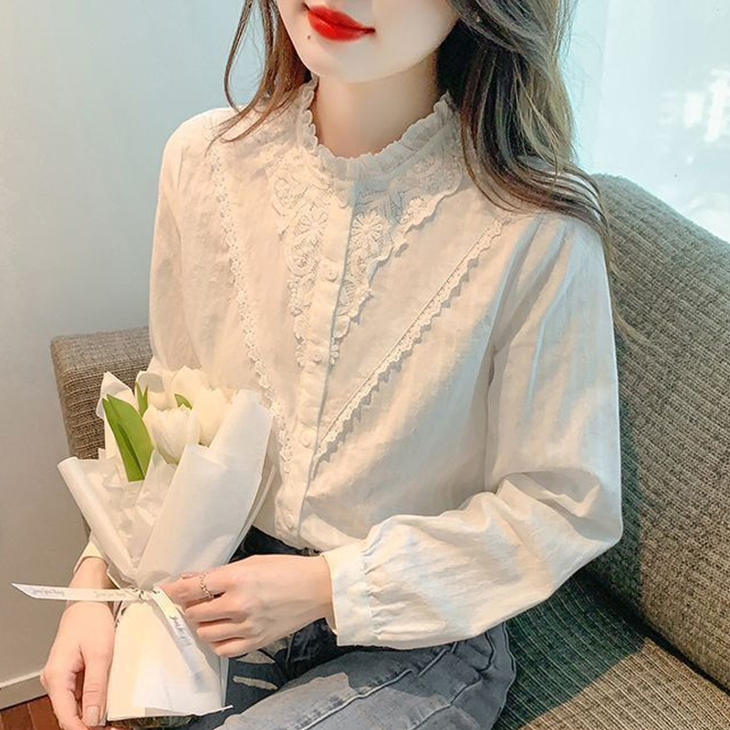 蕾丝法式上衣女秋装2025新款时尚减龄百搭衬衣气质耳边打底衬衫