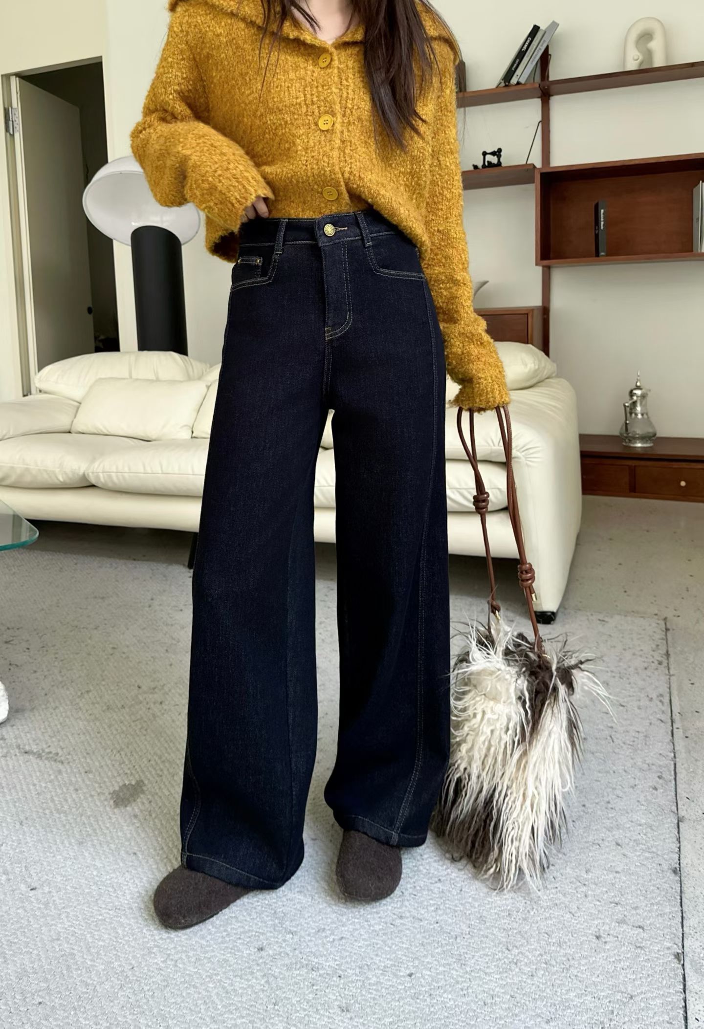 5573#超厚绒弯刀库冬季高腰磨毛女微弹牛仔裤直筒外穿阔腿裤子