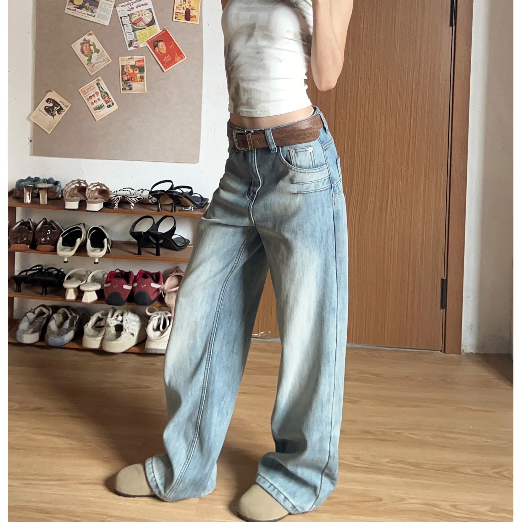 WANWAN同款慵懒风秋季直筒裤冰蓝女显瘦百搭春秋休闲宽松牛仔裤
